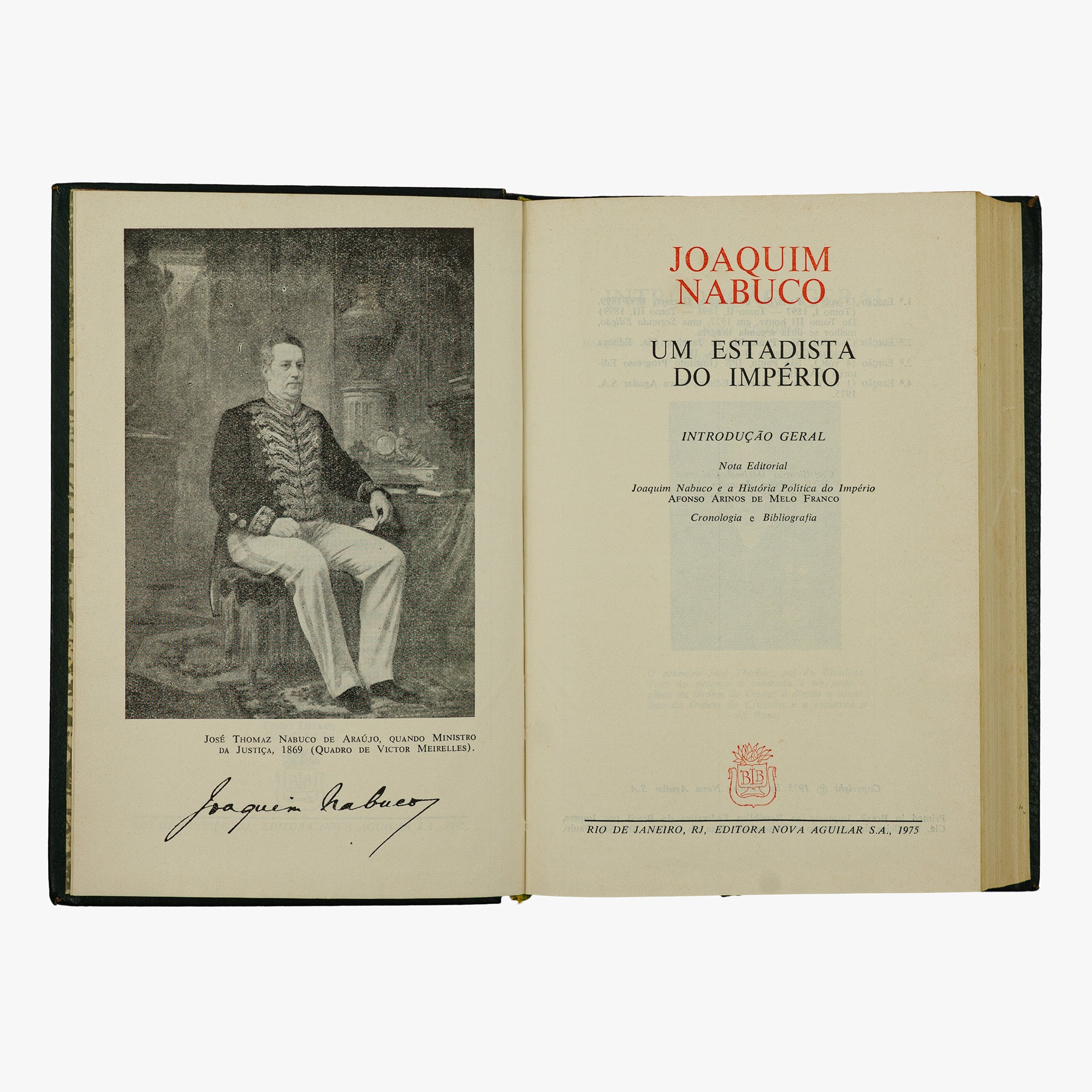 Joaquim Nabuco — Um Estadista do Império (Editora Nova Aguilar, 1975). Livro físico. Capa editorial em couro com douração.