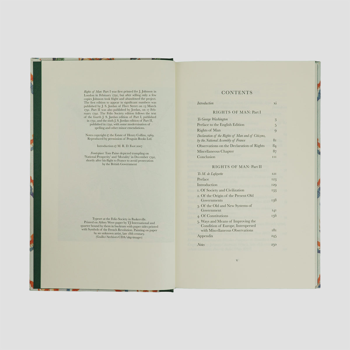 livro Rights of Man de Thomas Paine edição Folio Society 2007. Ficha catalográfica e contents.