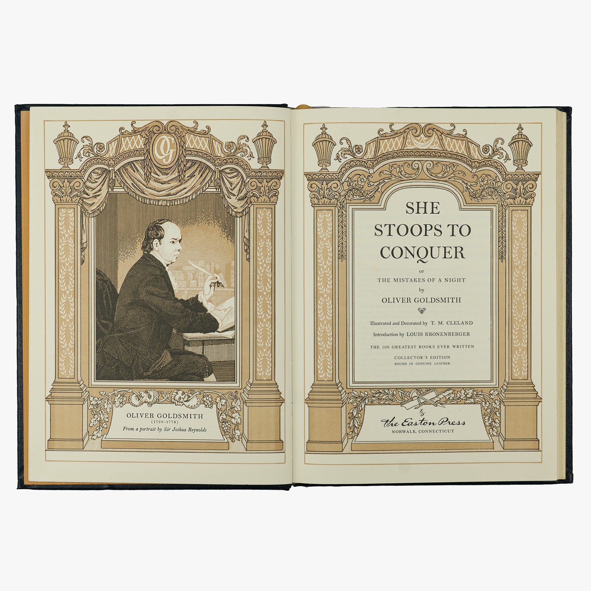 Oliver Goldsmith — She Stoops to Conquer (The Easton Press, 1978). Livro físico ilustrado. Encadernação de luxo - capa de couro, cortes dourados e fita de leitura em cetim.