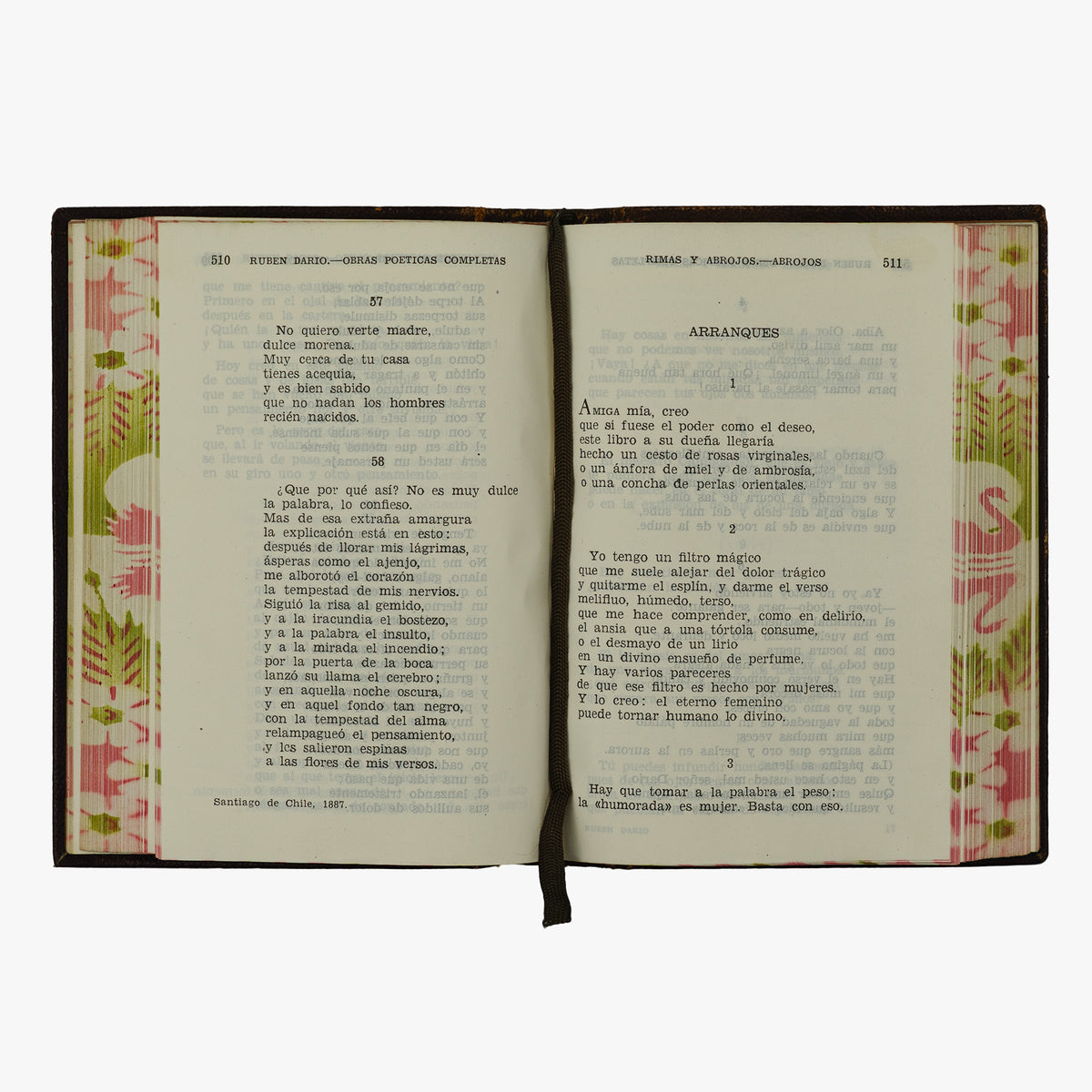 Rubén Darío — Obras poéticas completas (M. Aguilar - Editor, 1945). Encadernação em couro com douração. Cortes ornamentados. Fita de leitura presente.