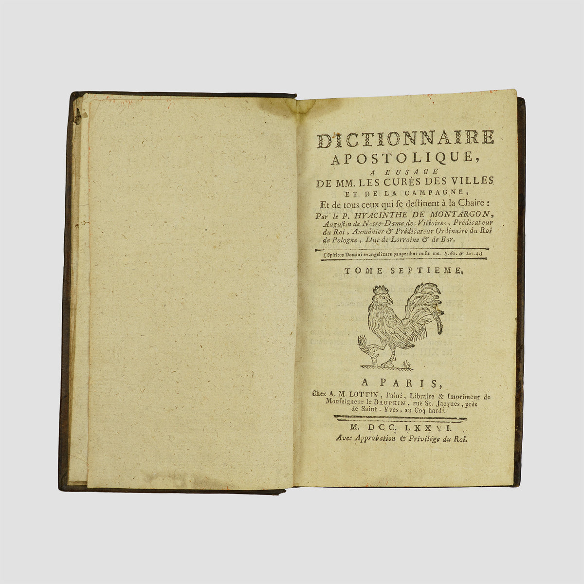 MONTARGON, Hyacinthe de (1705-1770). Dictionnaire apostolique… Tome VII (A. M. Lottin, l'aîné, Paris, 1776).