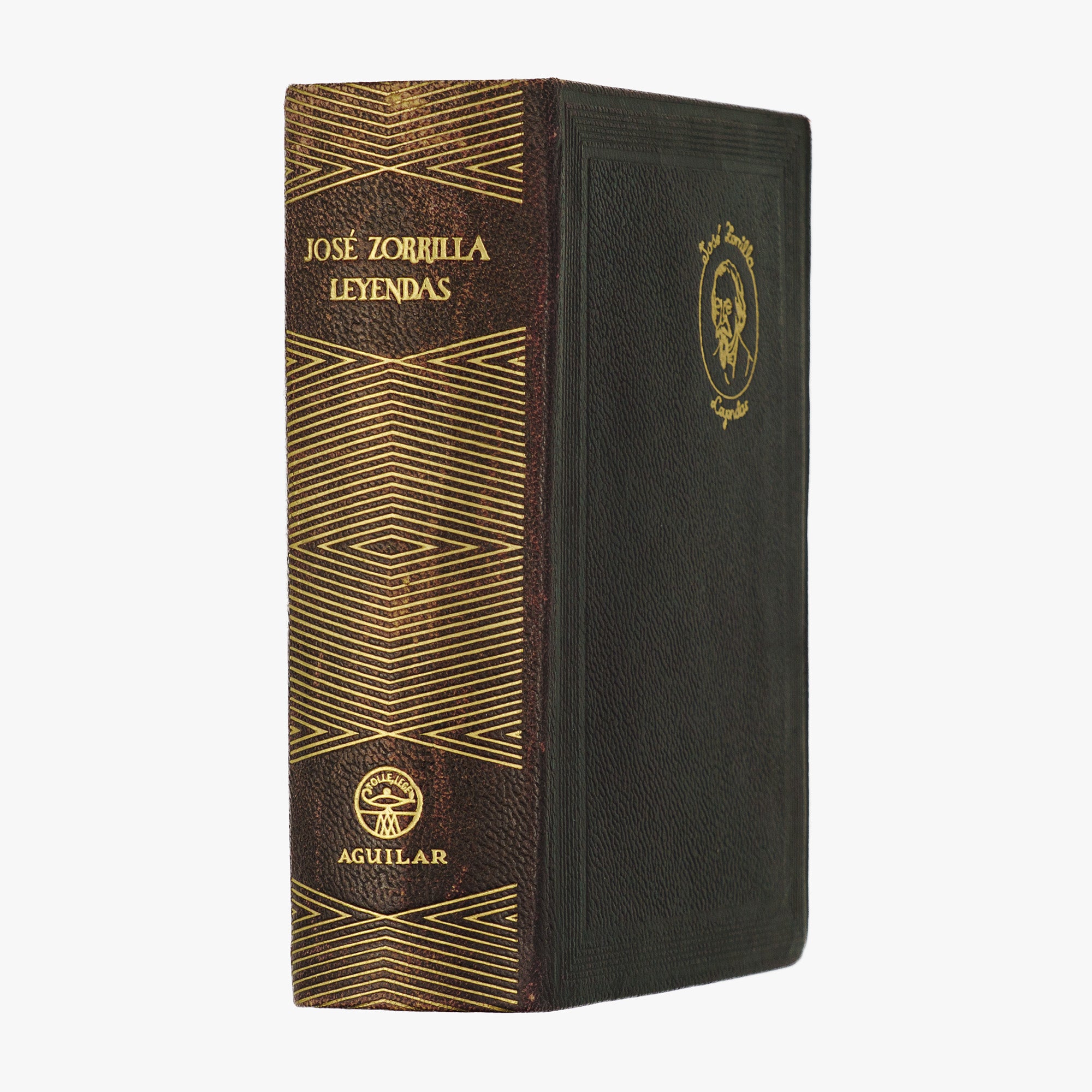 José Zorrilla — Leyendas (Aguilar, S. A. de Ediciones, 1951). Livro físico. Encadernação em couro com douração. Cortes tingidos ornamentados. 