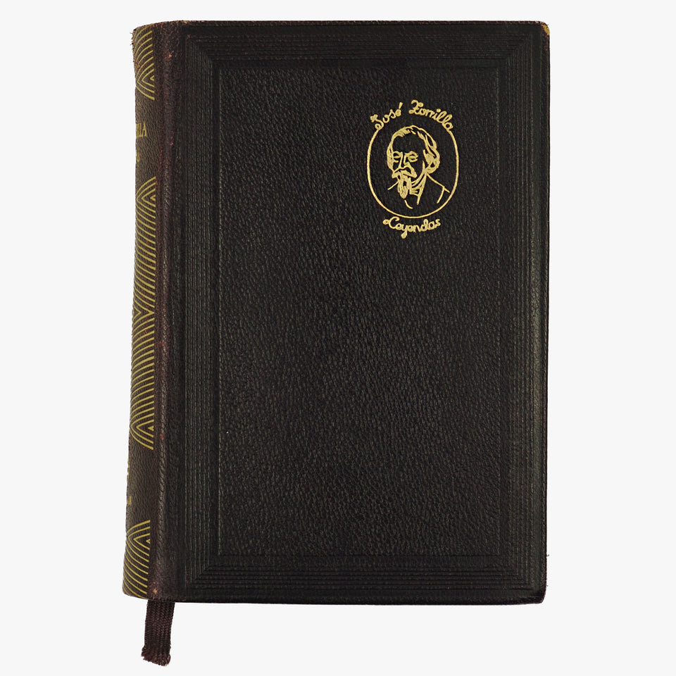 José Zorrilla — Leyendas (Aguilar, S. A. de Ediciones, 1951). Livro físico. Encadernação em couro com douração. Cortes tingidos ornamentados. 