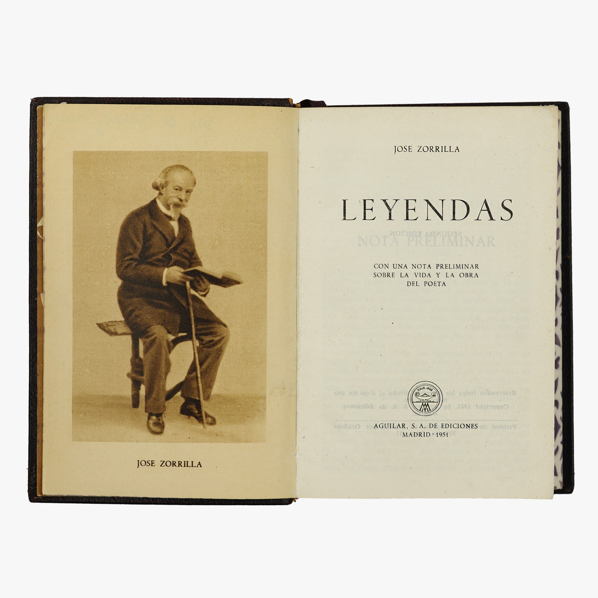 José Zorrilla — Leyendas (Aguilar, S. A. de Ediciones, 1951). Livro físico. Encadernação em couro com douração. Cortes tingidos ornamentados. 