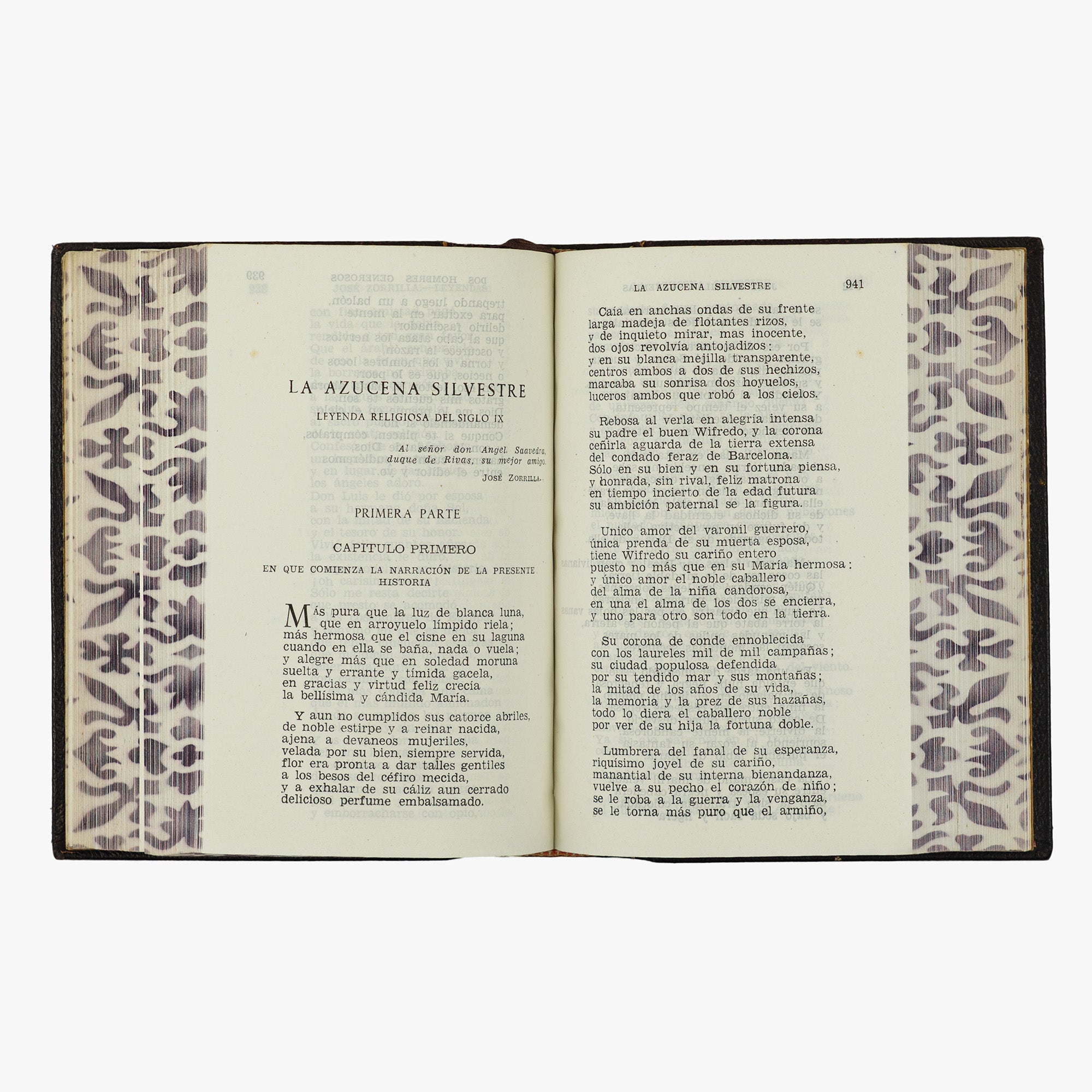 José Zorrilla — Leyendas (Aguilar, S. A. de Ediciones, 1951). Livro físico. Encadernação em couro com douração. Cortes tingidos ornamentados. 