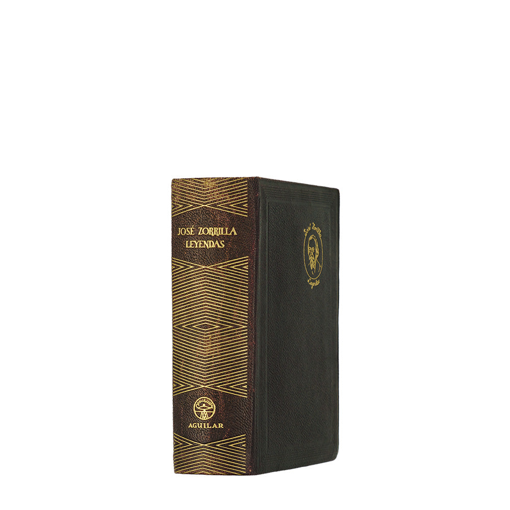 José Zorrilla — Leyendas (Aguilar, S. A. de Ediciones, 1951). Livro físico. Encadernação em couro com douração. Cortes tingidos ornamentados. 