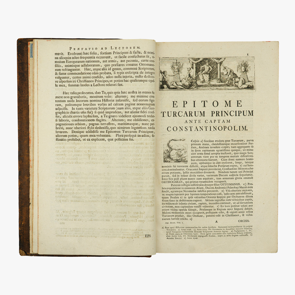 SCHMITTH, Nicolaus (Societate Jesu) [séc. XVIII]. Imperatores Ottomanici a capta Constantinopoli, cum epitome principum Turcarum (Typis Academicis Societatis Jesu, Tyrnaviae, 1760–1761), 2 tomos em 1 vol. Raríssimo.