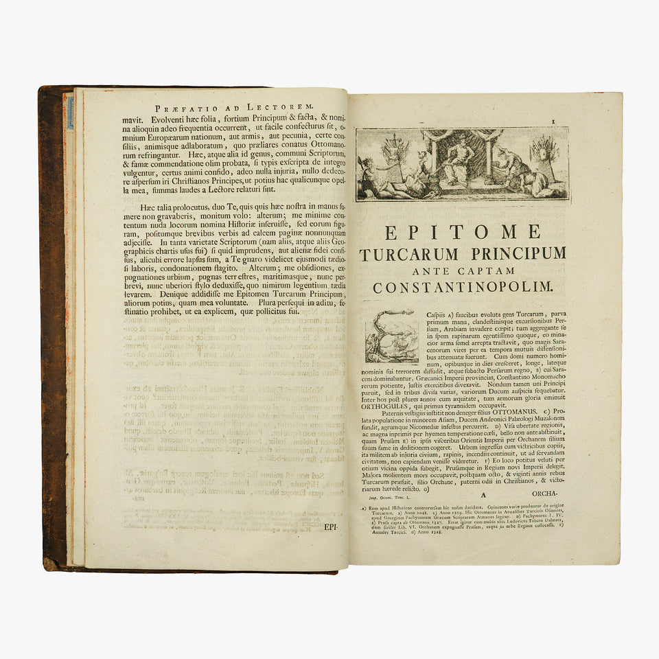SCHMITTH, Nicolaus (Societate Jesu) [séc. XVIII]. Imperatores Ottomanici a capta Constantinopoli, cum epitome principum Turcarum (Typis Academicis Societatis Jesu, Tyrnaviae, 1760–1761), 2 tomos em 1 vol. Raríssimo.