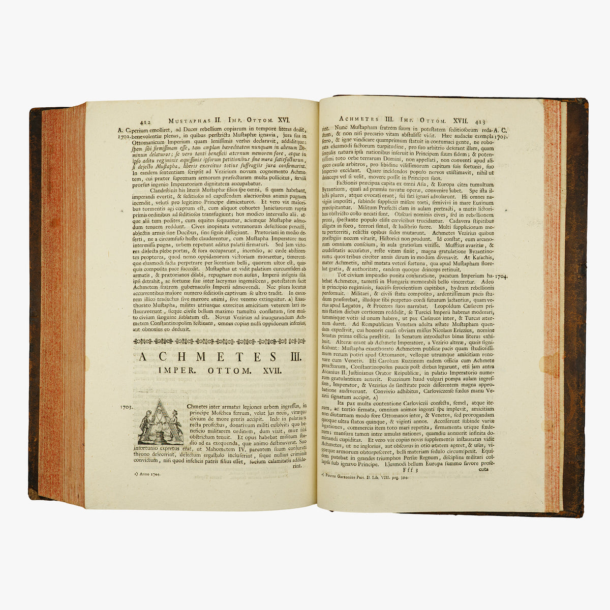 SCHMITTH, Nicolaus (Societate Jesu) [séc. XVIII]. Imperatores Ottomanici a capta Constantinopoli, cum epitome principum Turcarum (Typis Academicis Societatis Jesu, Tyrnaviae, 1760–1761), 2 tomos em 1 vol.