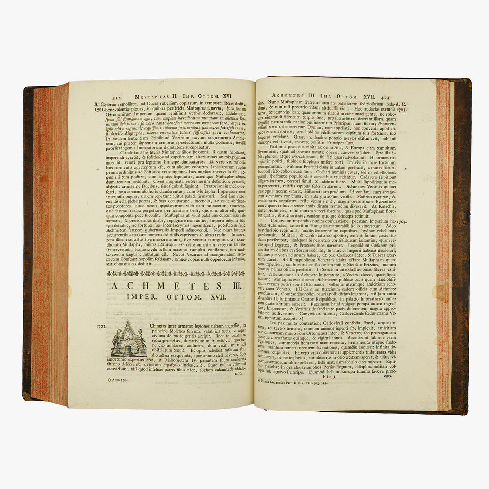 SCHMITTH, Nicolaus (Societate Jesu) [séc. XVIII]. Imperatores Ottomanici a capta Constantinopoli, cum epitome principum Turcarum (Typis Academicis Societatis Jesu, Tyrnaviae, 1760–1761), 2 tomos em 1 vol.