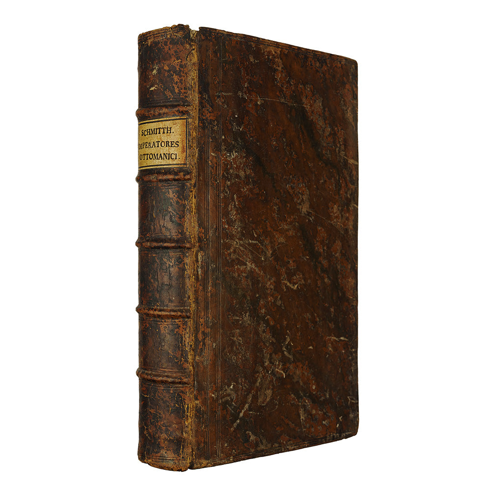 SCHMITTH, Nicolaus (Societate Jesu) [séc. XVIII]. Imperatores Ottomanici a capta Constantinopoli, cum epitome principum Turcarum (Typis Academicis Societatis Jesu, Tyrnaviae, 1760–1761), 2 tomos em 1 vol.