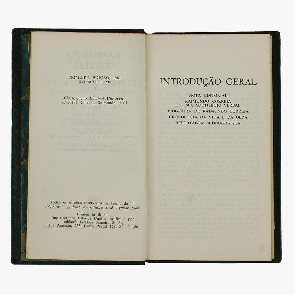 Raimundo CORRÊA (1859-1911). Poesia completa e prosa (Editôra José Aguilar, Rio de Janeiro, 1961). Primeira edição.