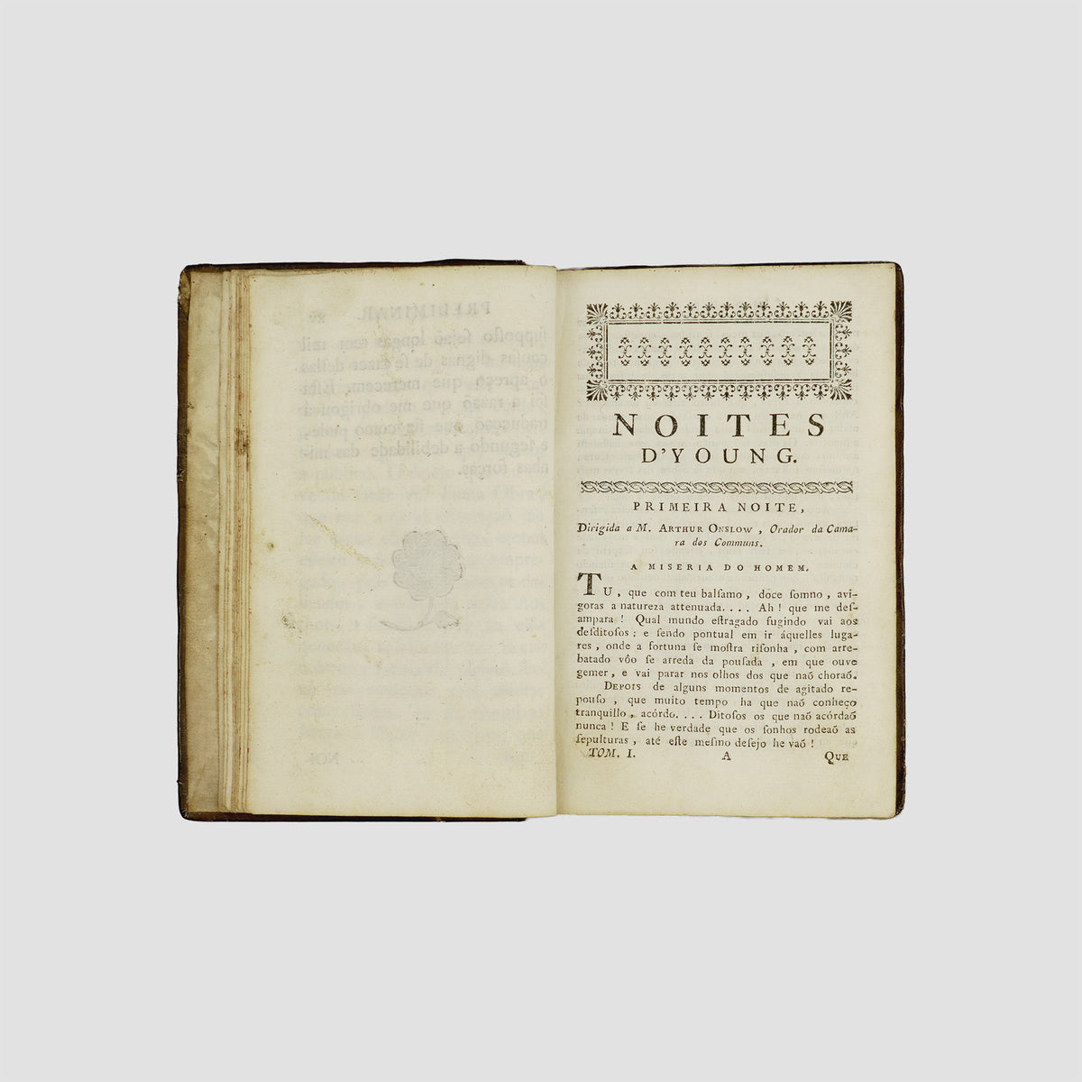 YOUNG, Edward (1683–1765). Noites d’Young (Typografia Rollandiana, Lisboa, 1785), 2 vols.