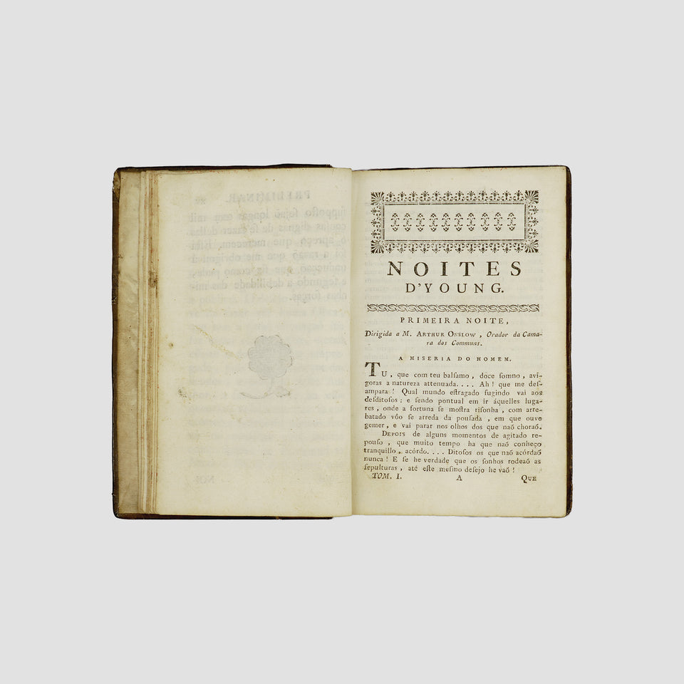 YOUNG, Edward (1683–1765). Noites d’Young (Typografia Rollandiana, Lisboa, 1785), 2 vols.