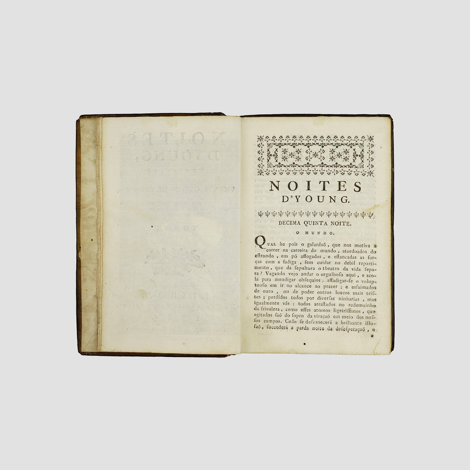 YOUNG, Edward (1683–1765). Noites d’Young (Typografia Rollandiana, Lisboa, 1785), 2 vols.