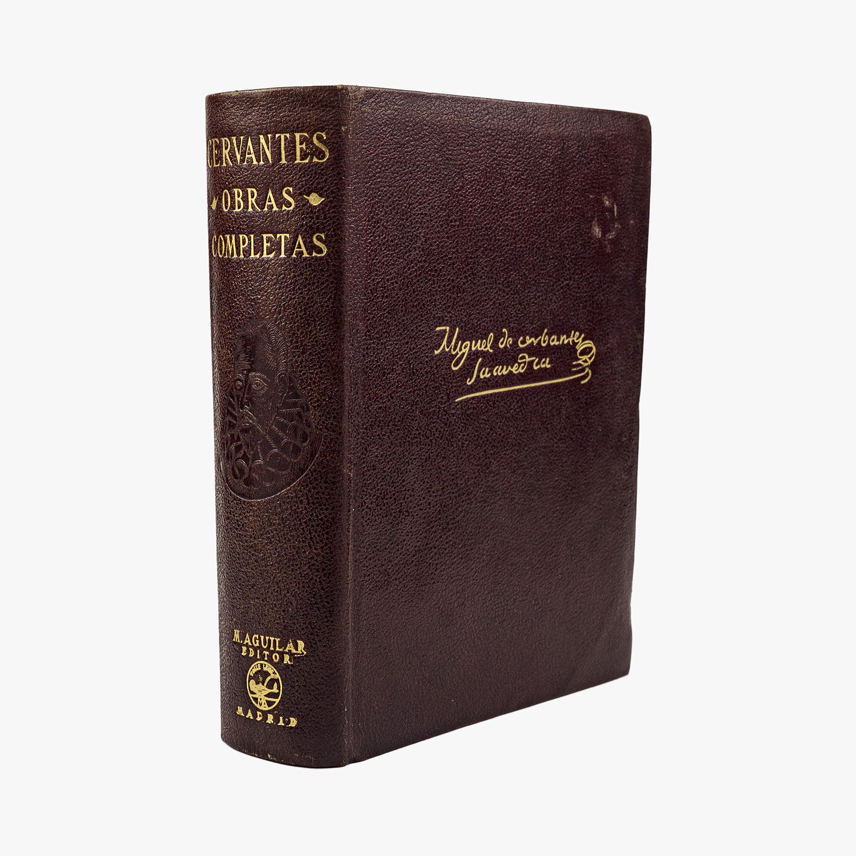 Miguel de Cervantes Saavedra — Obras completas (M. Aguilar, 1943). Livro físico. 1ª (primeira) edição em couro com douração.