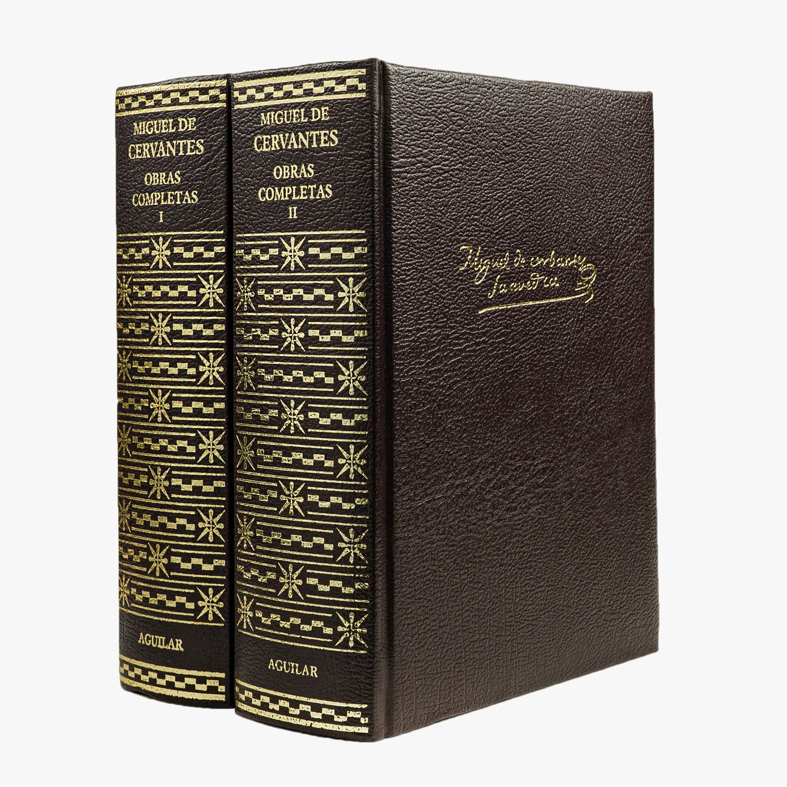 Miguel de Cervantes — Obras completas (Aguilar, 2003), 2 volumes. Encadernação editorial com douração. Livros físicos.