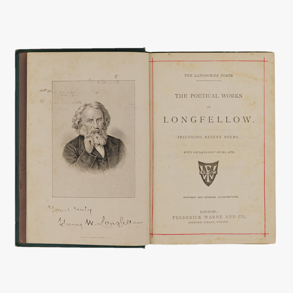 Longfellow — The Poetical Works (Frederick Warne and Co., c. 1880). Livro físico, edição vitoriana. Encadernação editorial com douração.