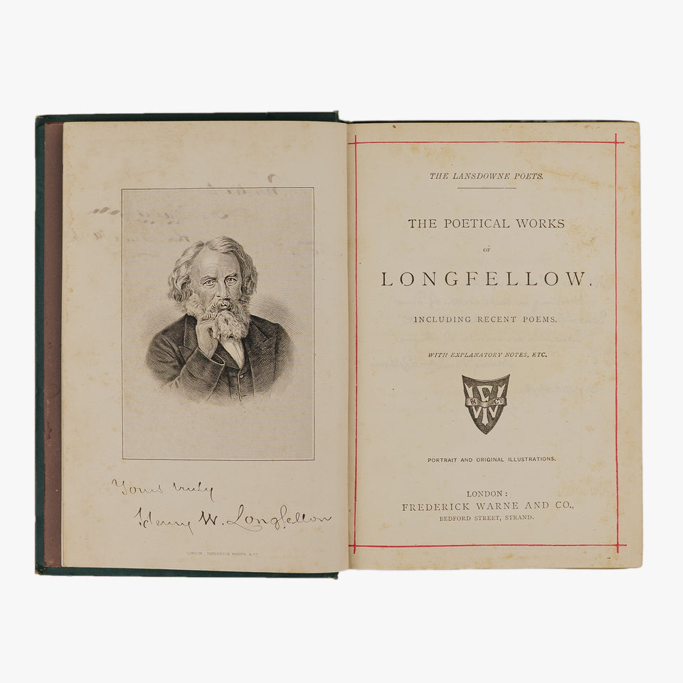 Longfellow — The Poetical Works (Frederick Warne and Co., c. 1880). Livro físico, edição vitoriana. Encadernação editorial com douração.