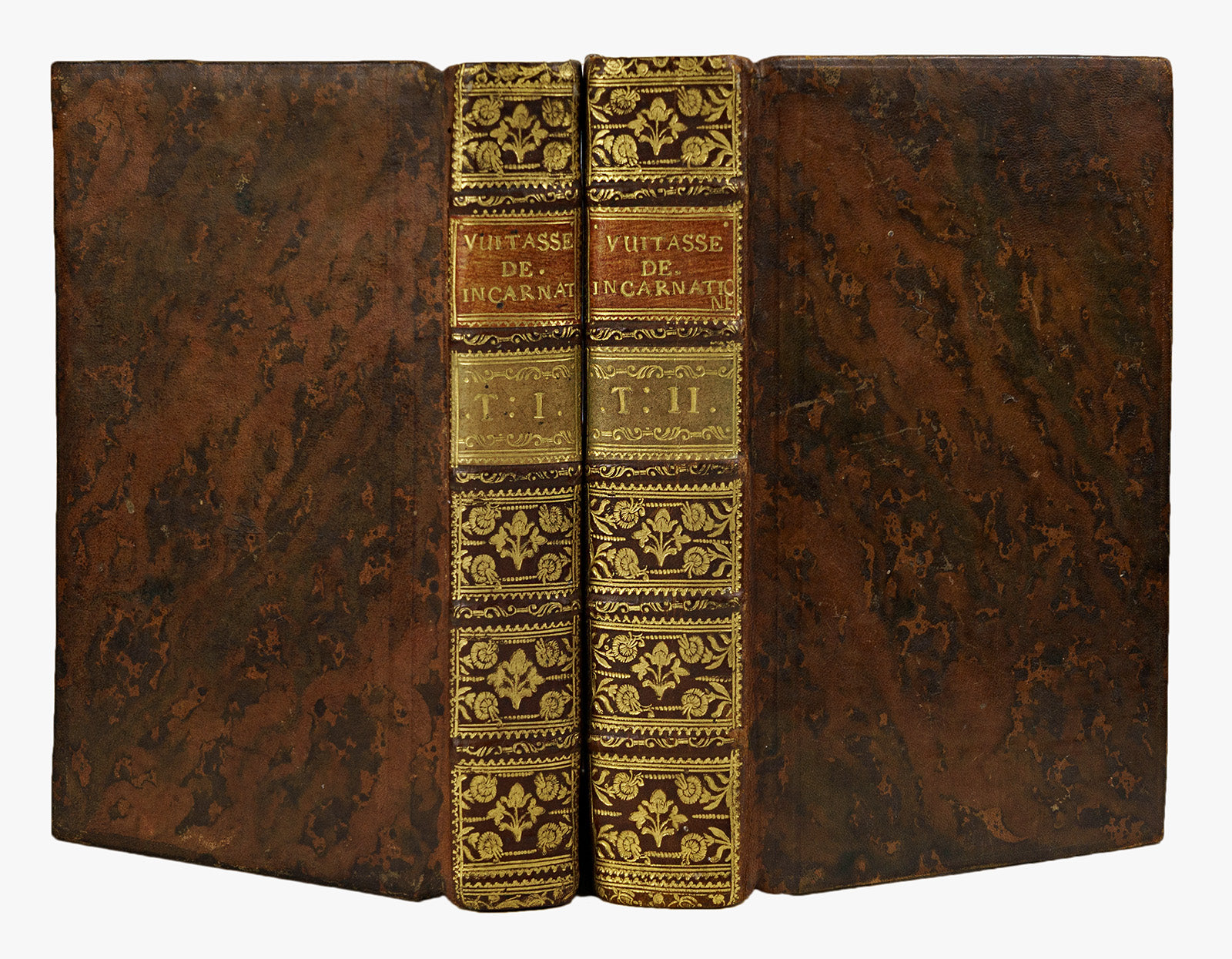 Vuitasse — Tractatus de Verbi Divini Incarnatione (Posonii, Patzko, 1788), 2 volumes. Livros físicos. Encadernação em couro com douração.